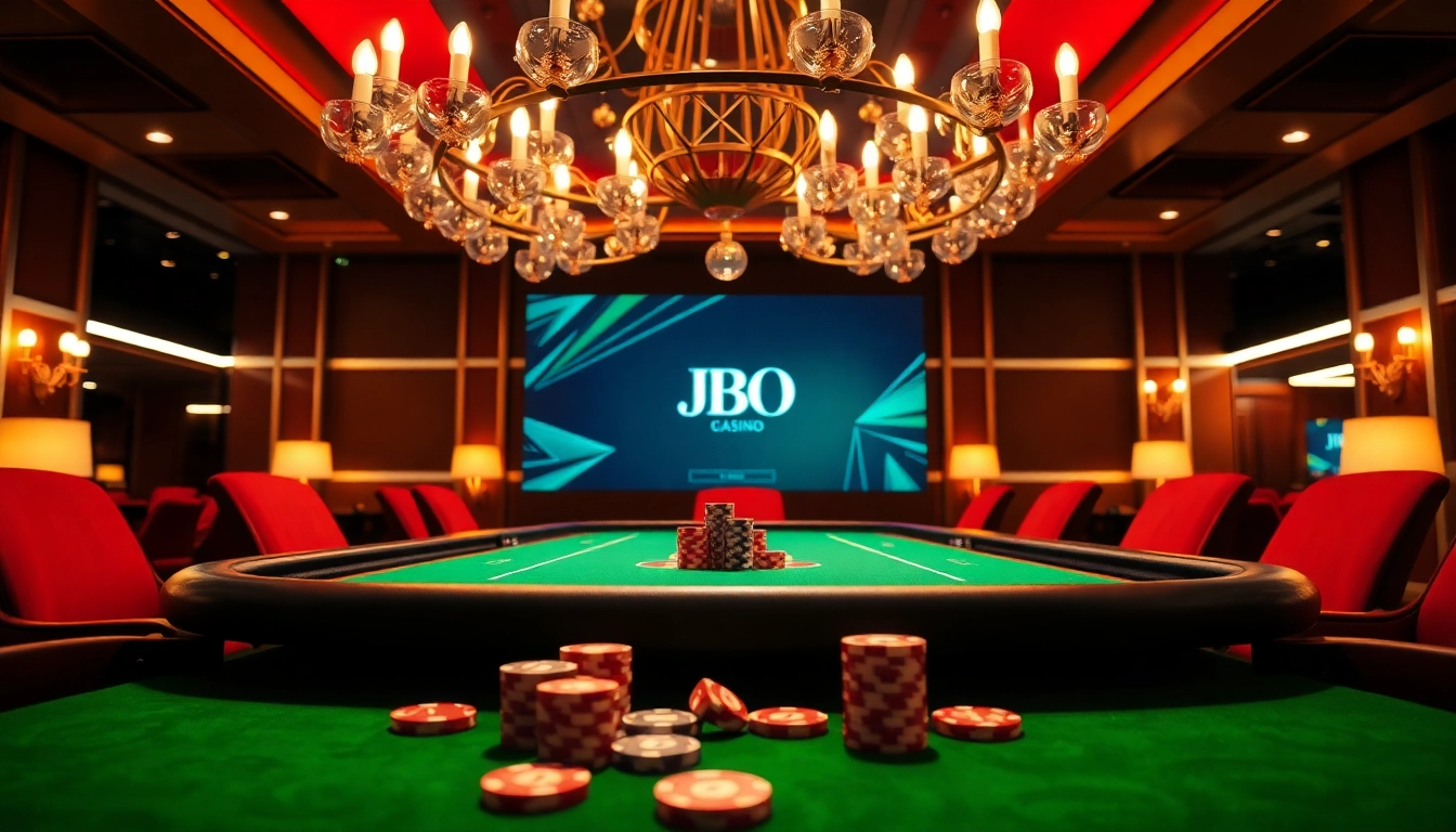 Players engage at a JBO casino table with vibrant poker chips and dice in an upscale setting.