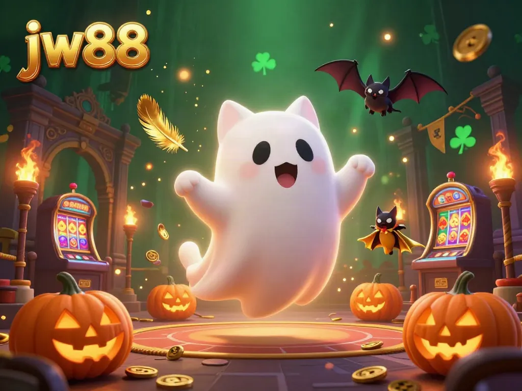 Win big at jw88 with a friendly ghost cat and a vampire bat amidst a haunted casino scene.