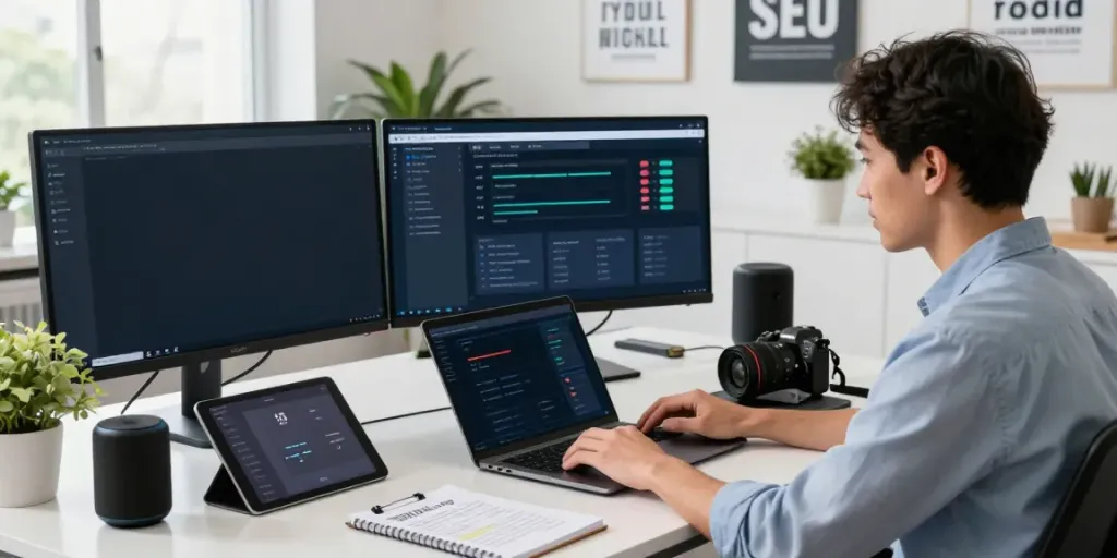 Digital marketing specialist using instant indexing tools in a modern office setup.