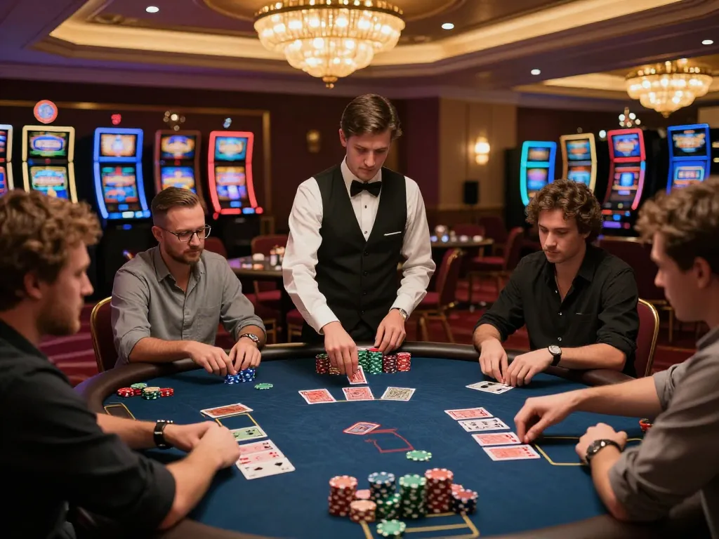 Players at a poker table in a hit club setting, engaged in high-stakes gameplay with focused expressions.