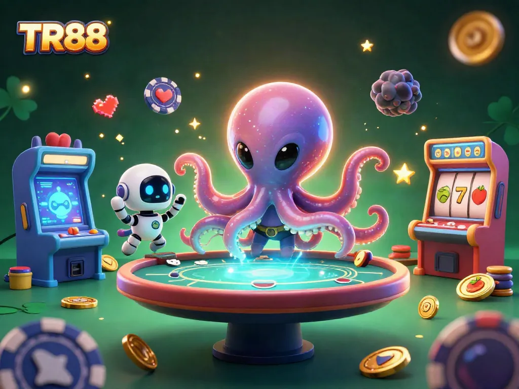Engage with TR88 as an alien octopus handles a holographic poker table amidst vibrant gaming elements.