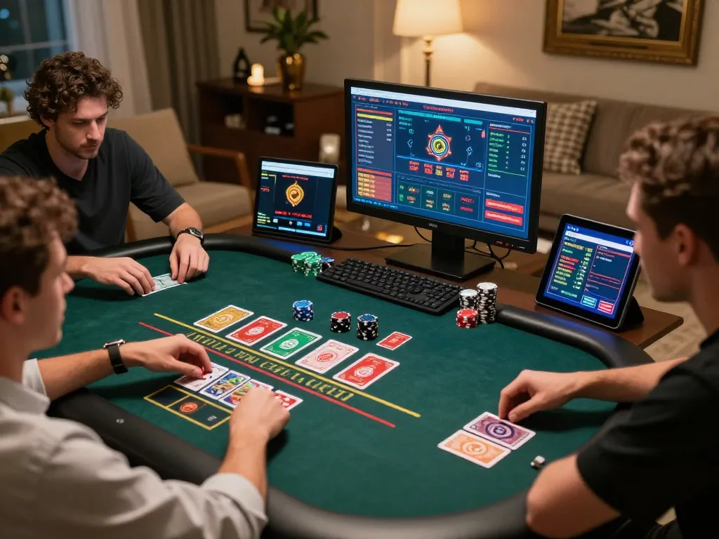 Engaging online blackjack at nk88 with a vibrant setup showcasing players, chips, and digital cards clearly displayed