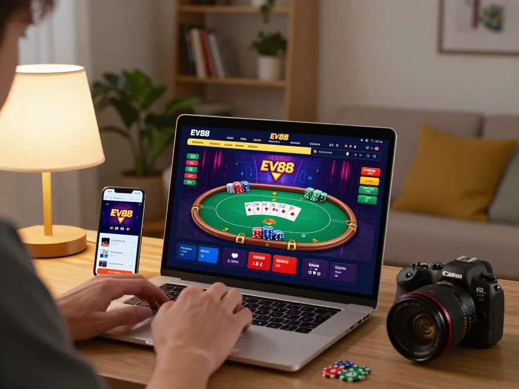 Engaged player enjoying Ev88 online casino game on a stylish laptop at home.