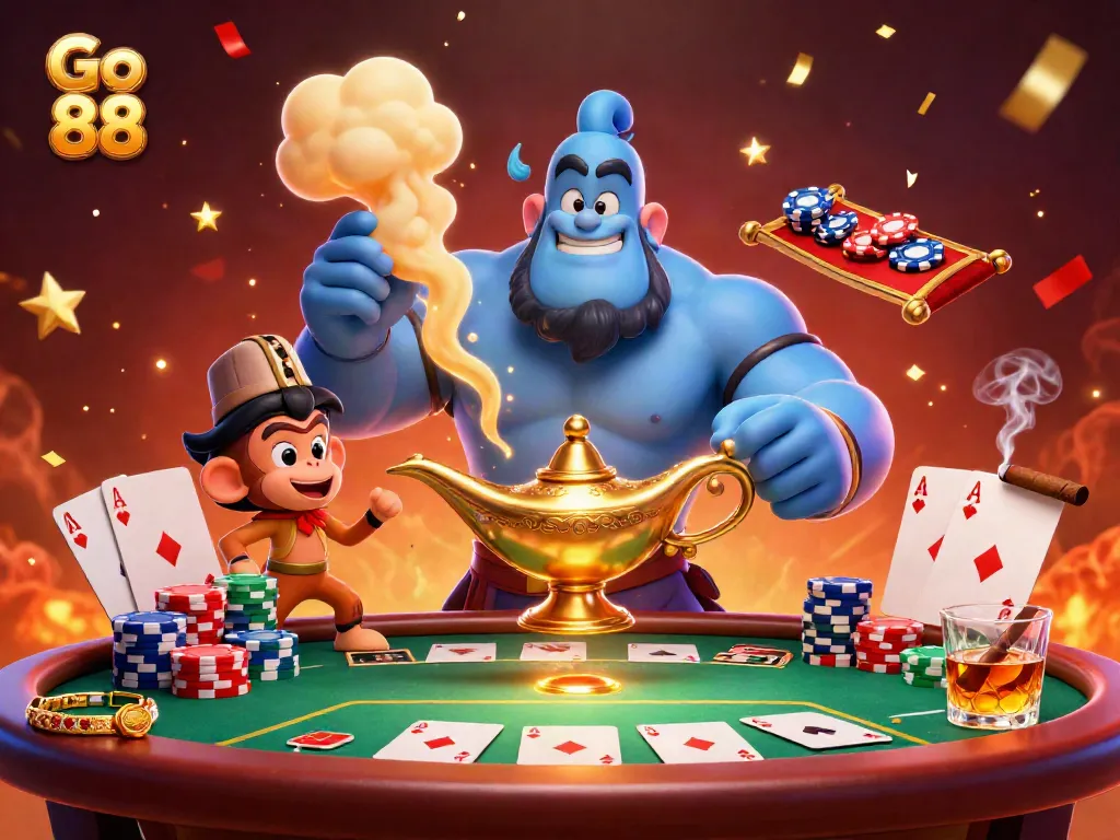 Experience the magic of Go 88 with a vibrant scene featuring a genie, poker chips, and celebrating casino elements.