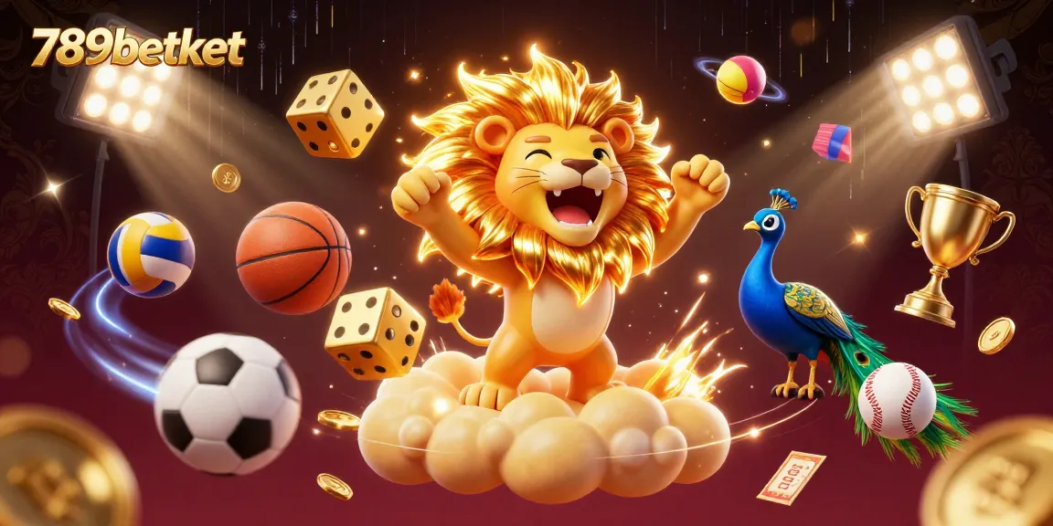 Engage with dynamic sports betting at 789betket featuring golden dice and roaring lion in 3D.