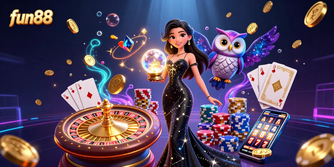 Experience fun88 through an enchanting illustration of a woman and mystical owl amidst vibrant casino elements.
