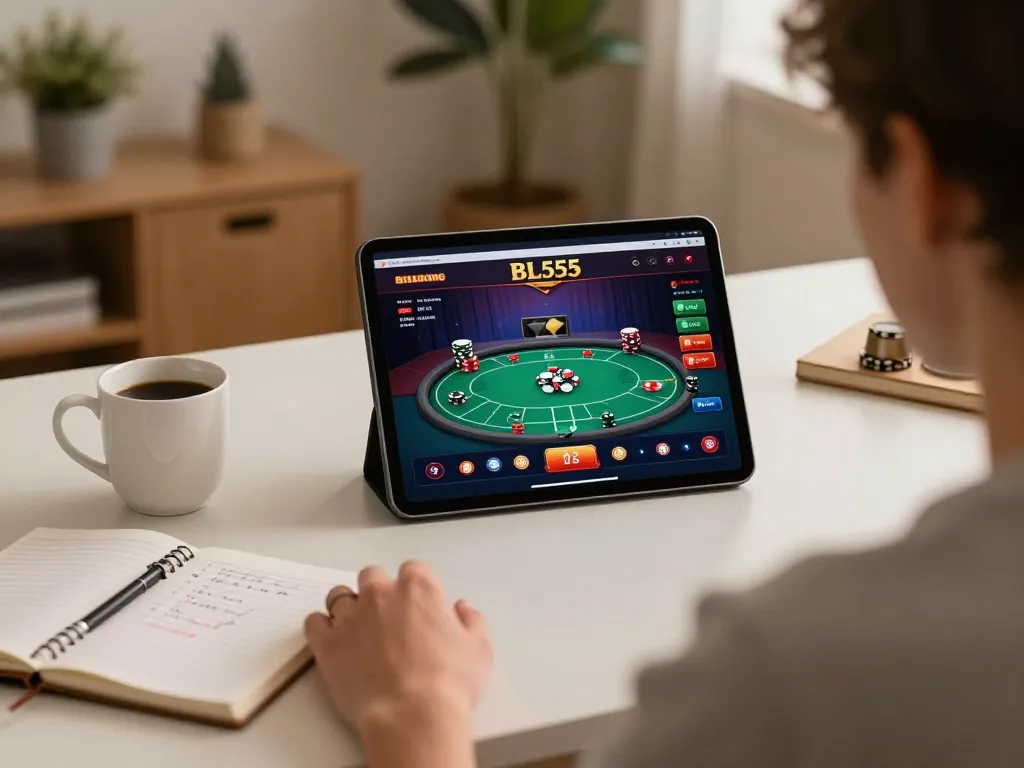 Engaging online gaming at home with BL555 casino platform on tablet, showcasing strategy notes