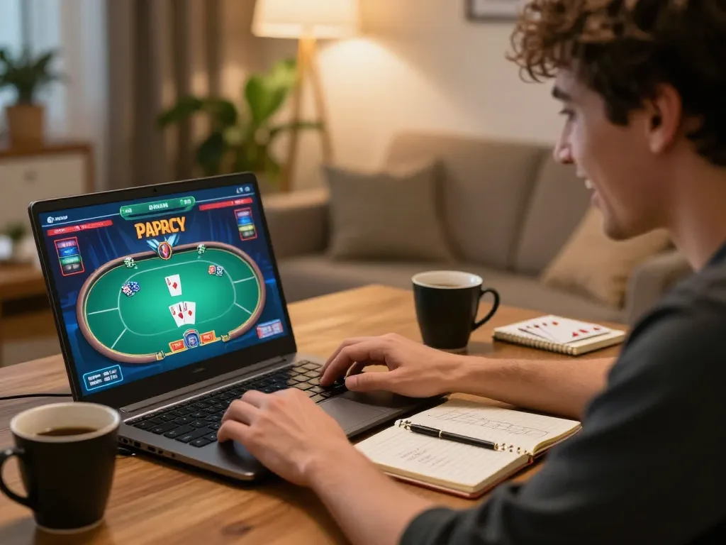 Fabet88z player engaging in a thrilling poker game from home, immersed in strategy and excitement
