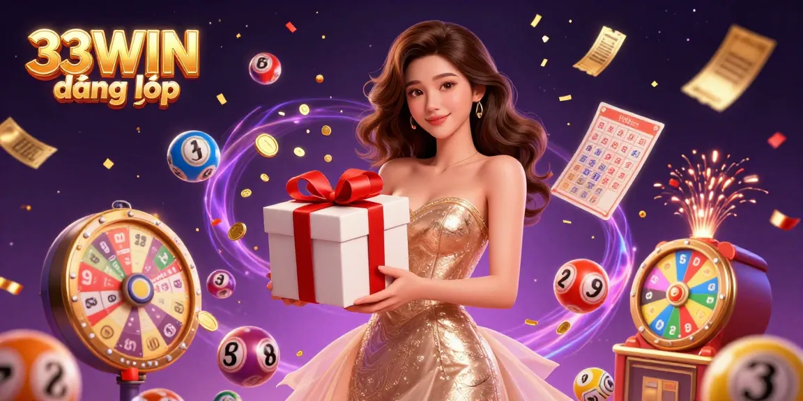 Experience the excitement of 33WIN đăng nhập with a festive display of winning elements, golden coins, and joyful characters.
