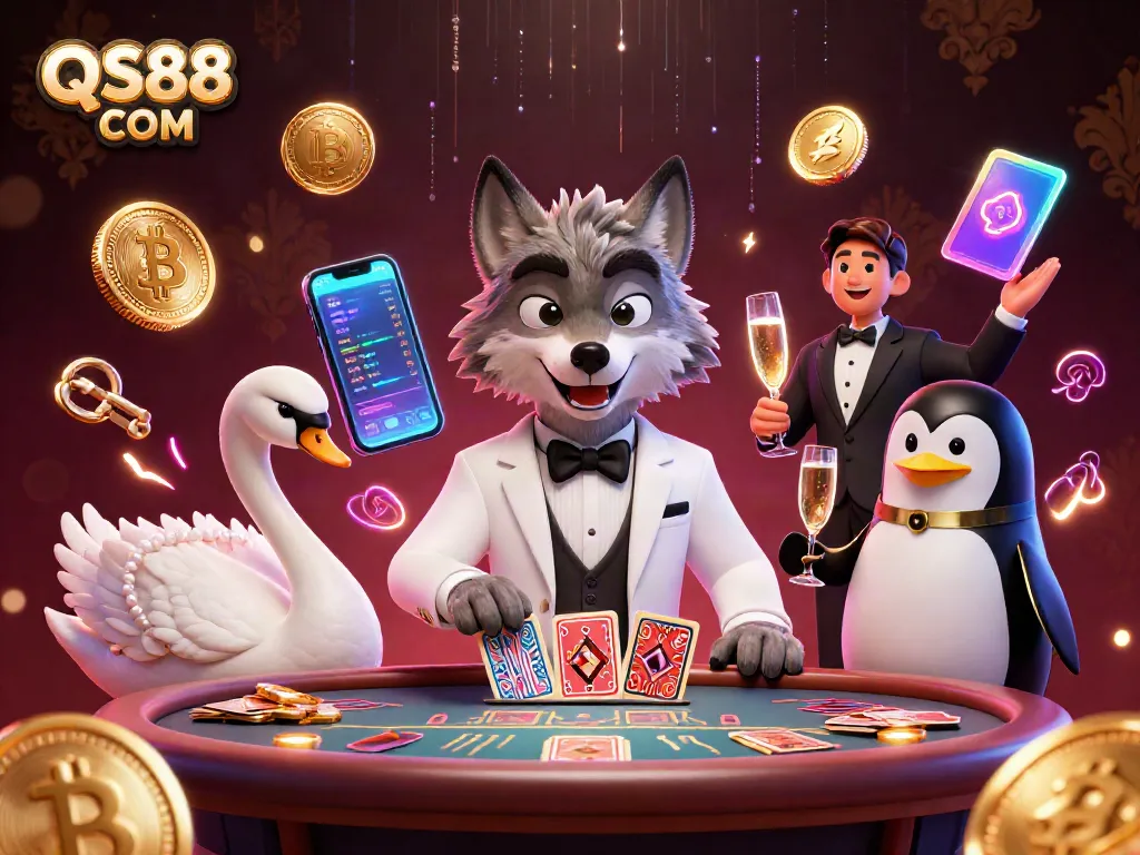 Engage in gaming brilliance at QS88 COM with a debonair wolf and elegant characters.