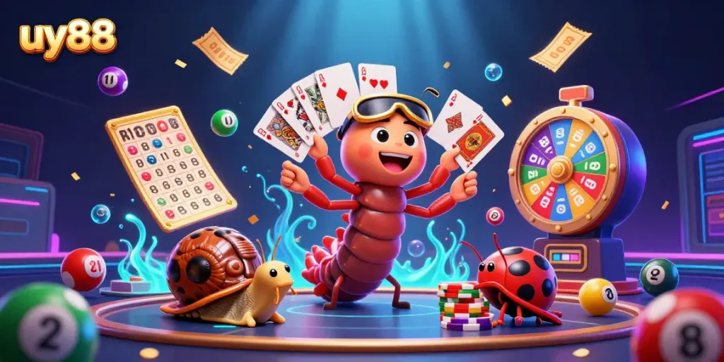 Push your luck with uy88's vibrant casino scene featuring a unique dealer and exciting gaming elements.