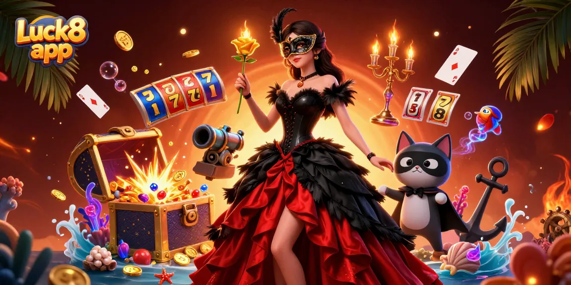 Win big with the Luck8 app in this vibrant 3D casino scene filled with dynamic gameplay elements.