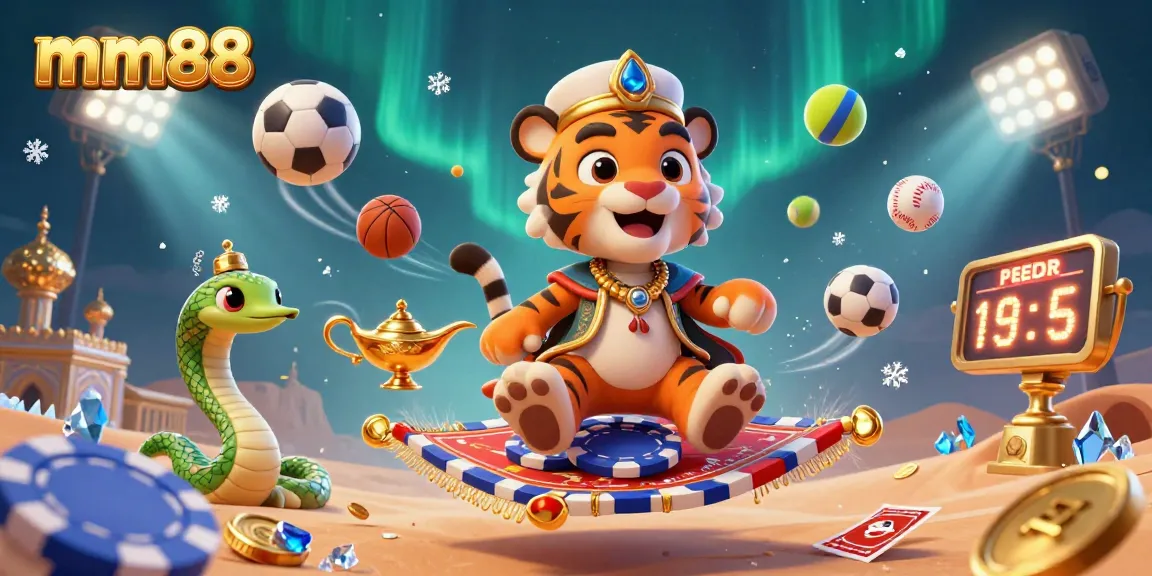 Immerse in the mm88 gaming realm with a vibrant Arabian Nights scene featuring a tiger sultan and dynamic sports elements.