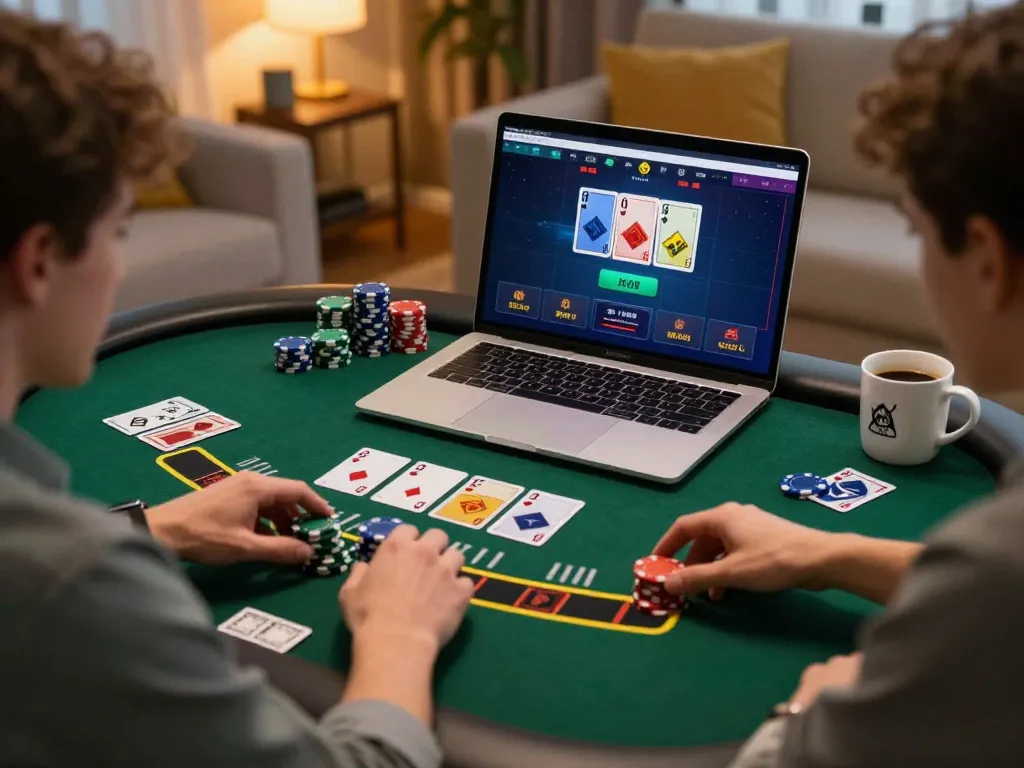 Players engaging in dynamic online blackjack action at SC88 Com on a modern laptop, showcasing a thrilling gaming moment.