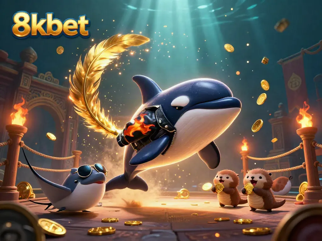 Engaging scene from 8kbet showcasing an orca whale, stingray, and otters collecting coins in a vibrant casino.
