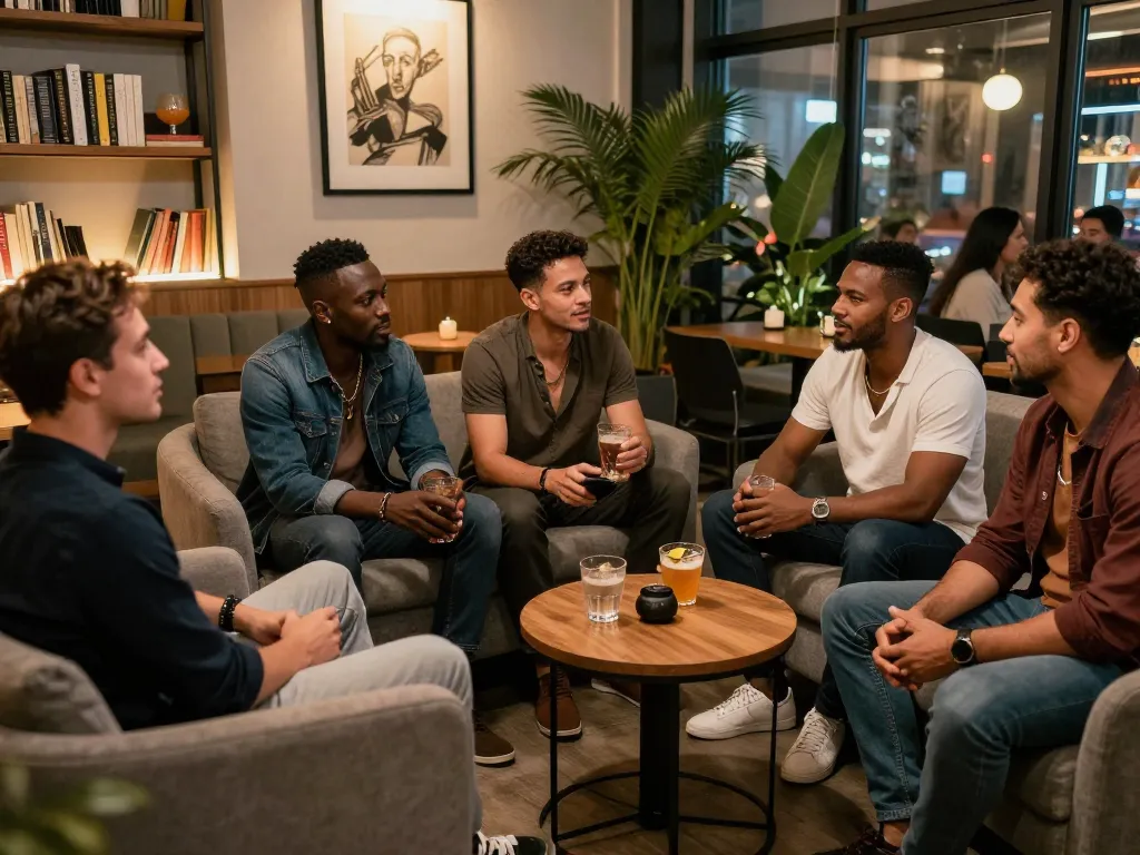 A diverse group of men conversing in a trendy manclub lounge, showcasing community and support.