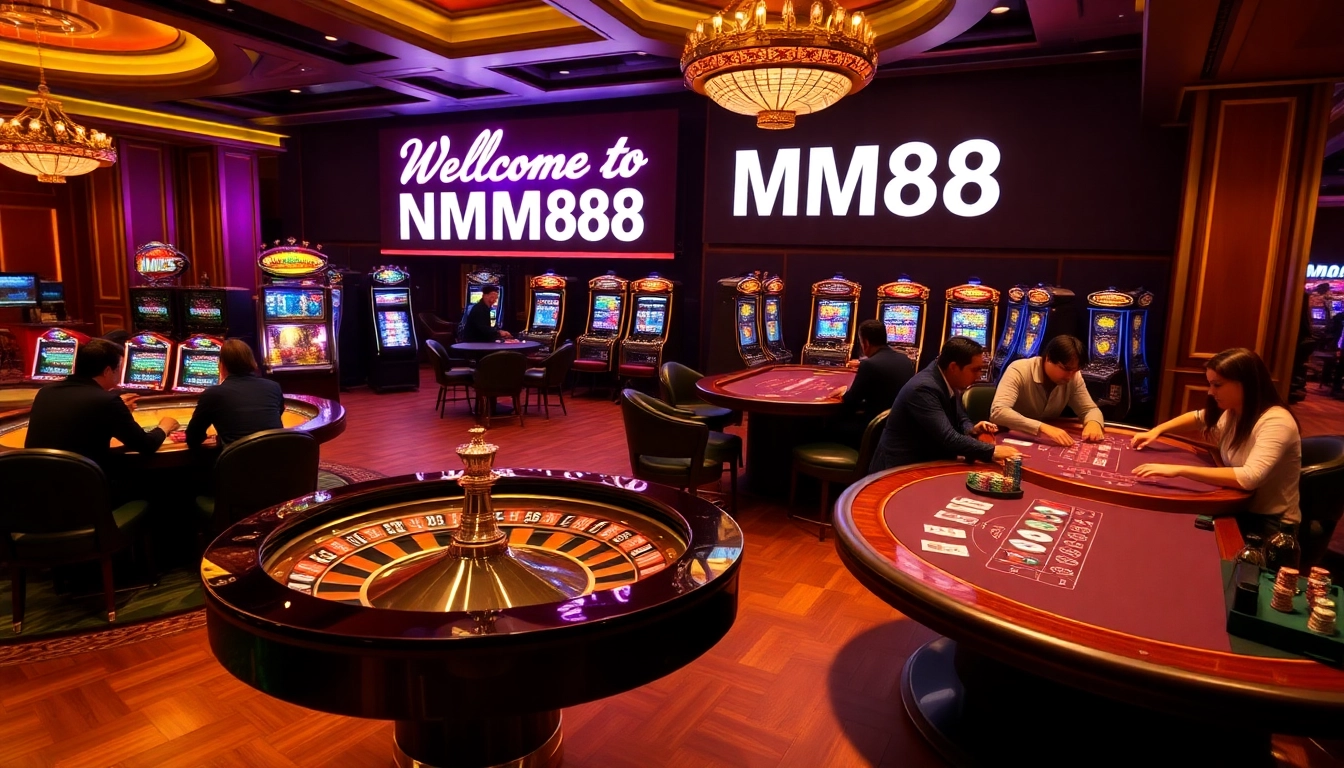 Experience high-stakes gaming at https://mm88.london/ with players enjoying poker and roulette in a vibrant casino.