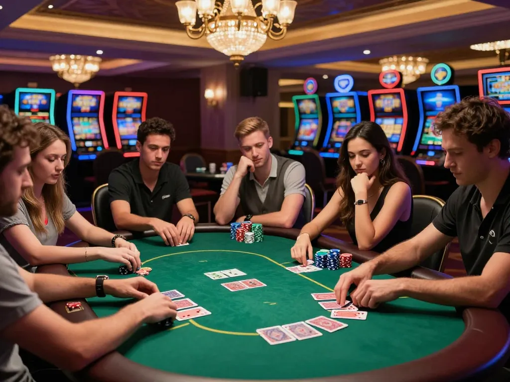 Players engaged in a thrilling poker game at SHBET, showcasing strategy and excitement in a luxurious casino setting.