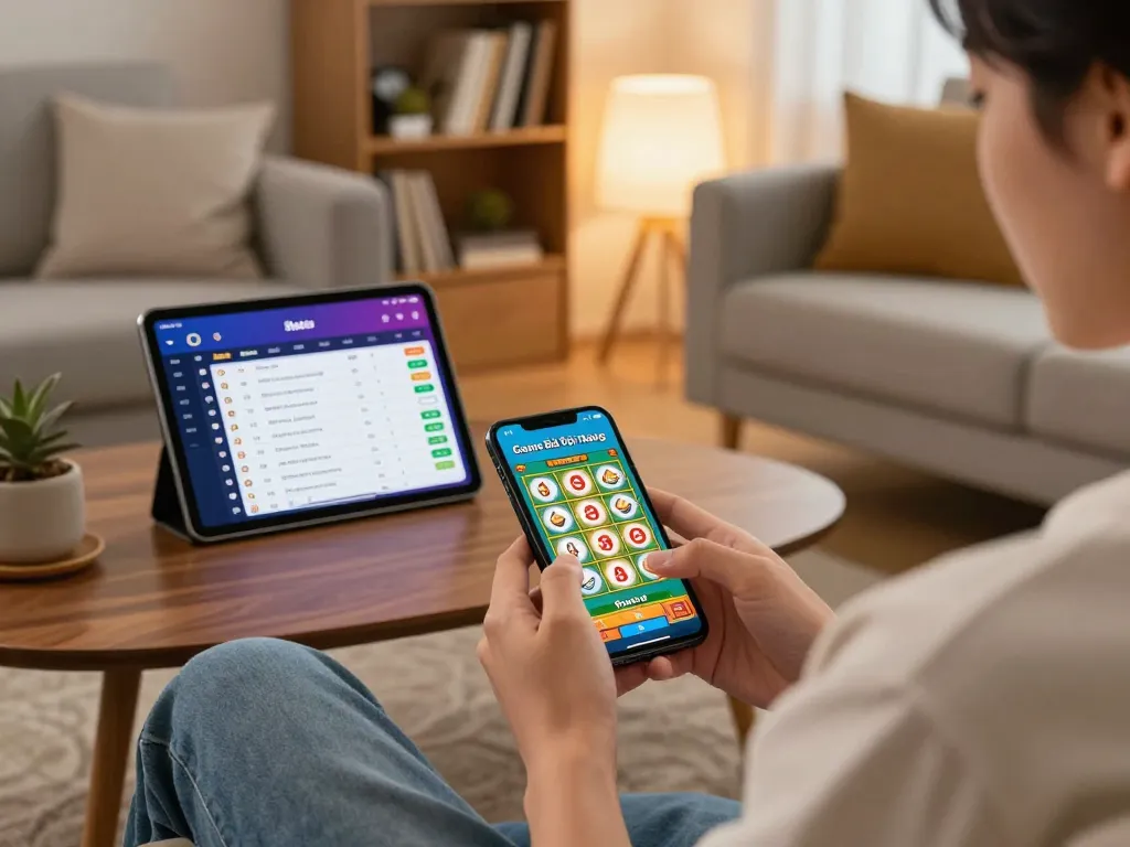 Engaging with Game Bài Đổi Thưởng mobile app in a cozy home setting, illustrating responsible gaming.