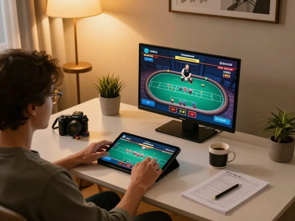Engaging in a live dealer poker game on 88vv COM at home, emphasizing responsible gaming strategies.