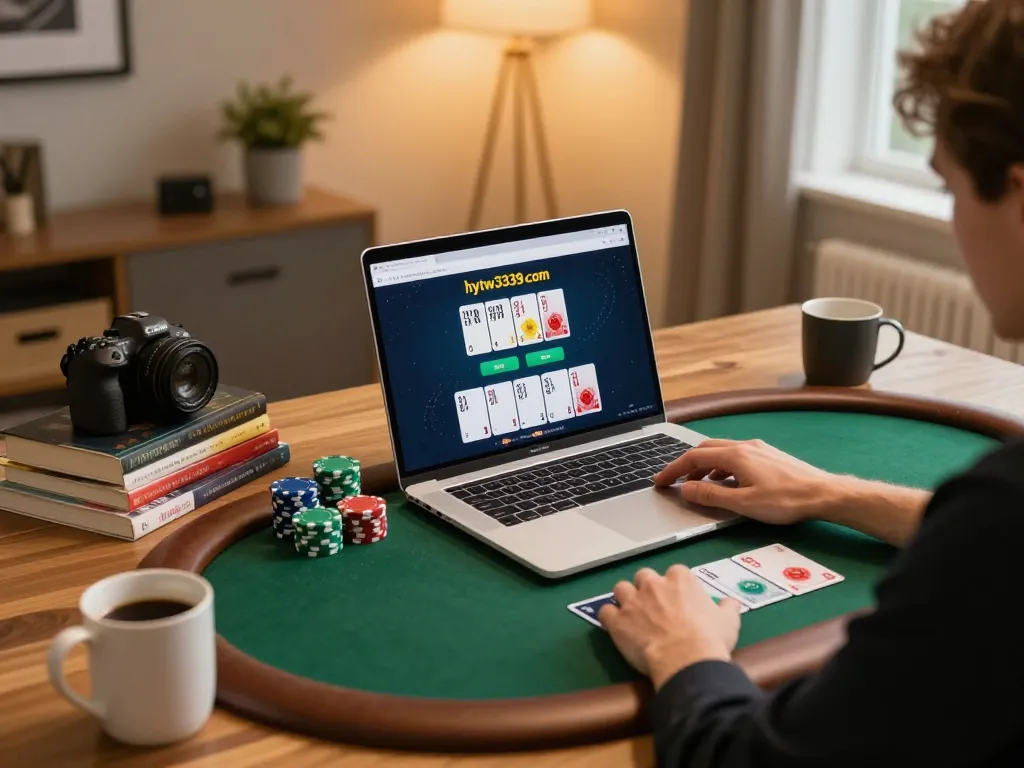Engaged player at hytw3339 com poker game on laptop, showcasing strategic gameplay in a cozy home office.