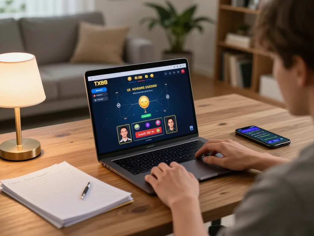 Engaging in strategic gameplay with Tx88 online casino on laptop in cozy home setting