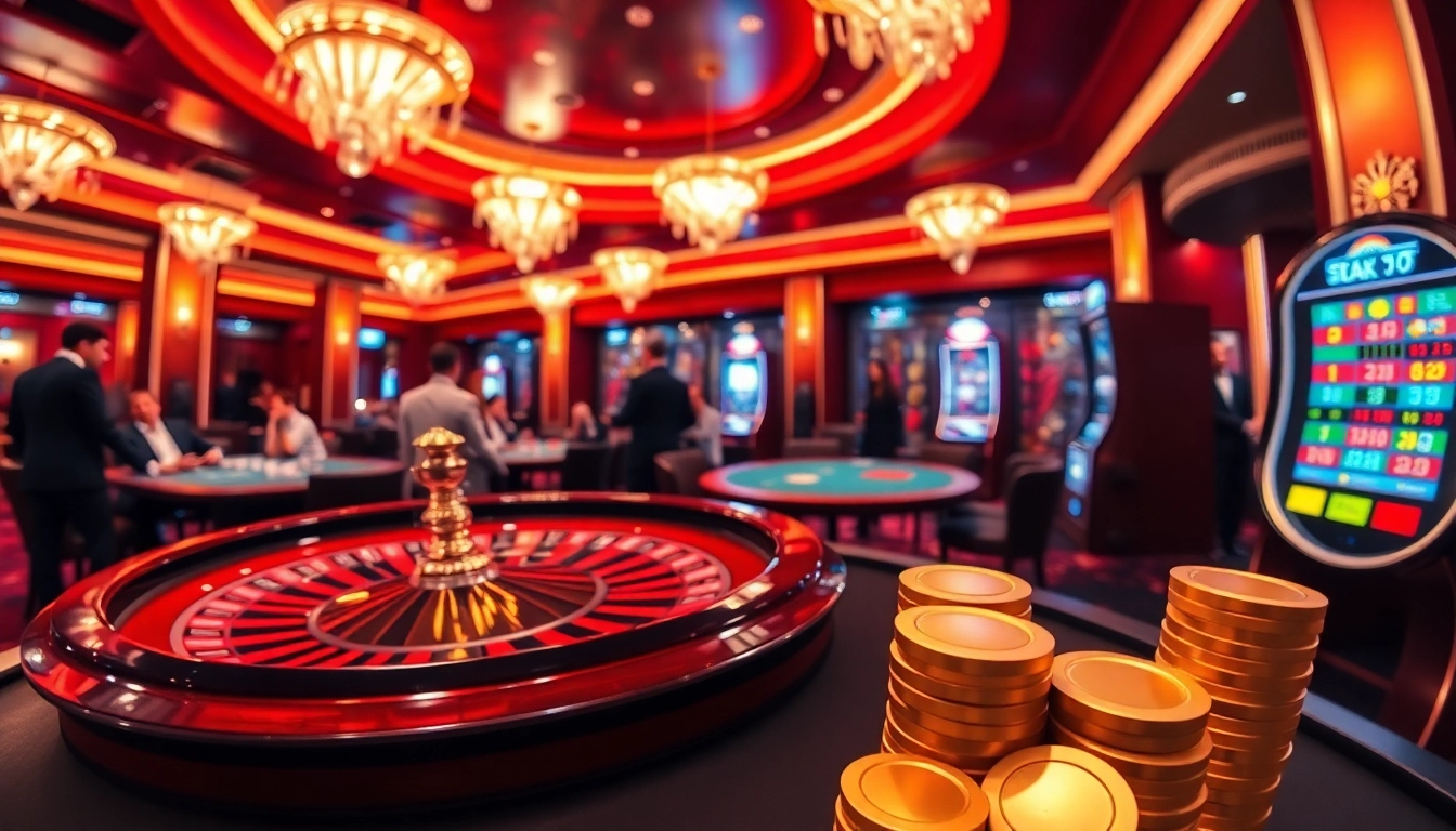 Experience the thrill at Trang chu daga with an engaging casino scene featuring roulette, poker tables, and vibrant gambling action.