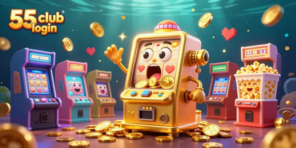 Experience the excitement with 55 club login, as a golden slot machine hits a jackpot, showcasing vibrant game elements.