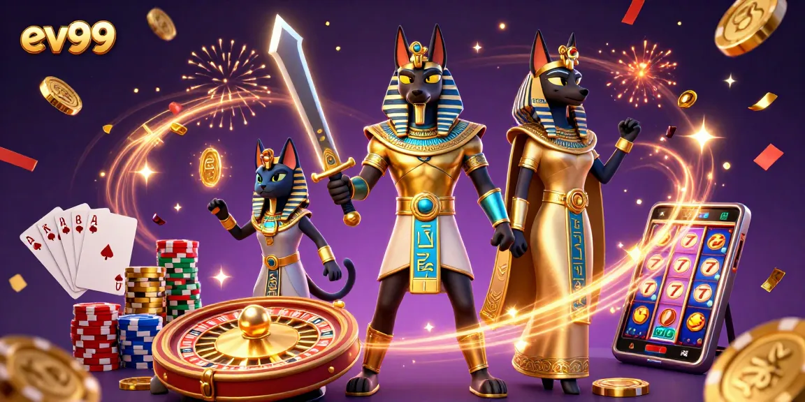 Experience vibrant casino action at ev99 with Anubis and Bastet amidst sparkling gems and coins.