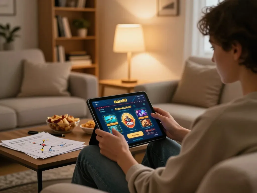 Nohu90 player enjoying online gaming strategy on a cozy sofa with tablet.