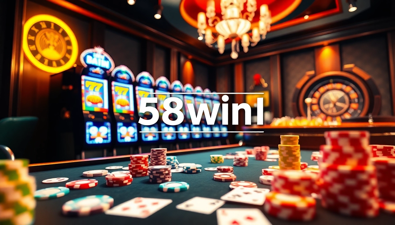 Engaging scene showcasing 58win1 online gaming, featuring vibrant slot machines and a roulette wheel.