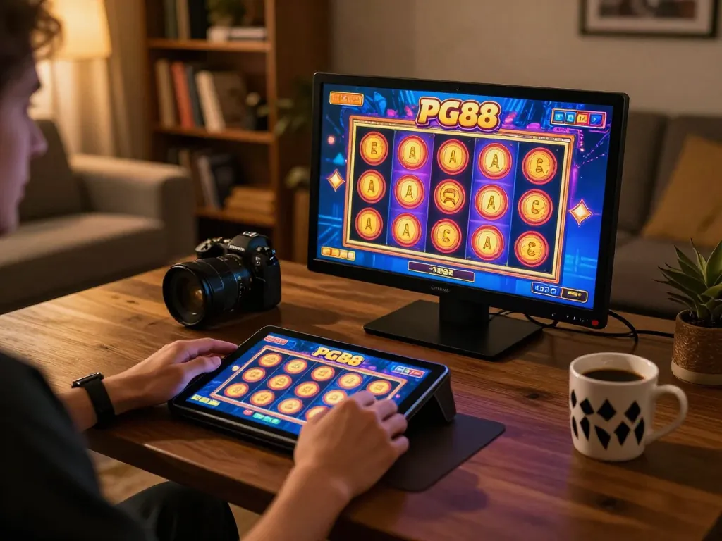 Engaging player enjoying PG88 slot games on tablet in a cozy home gaming setup