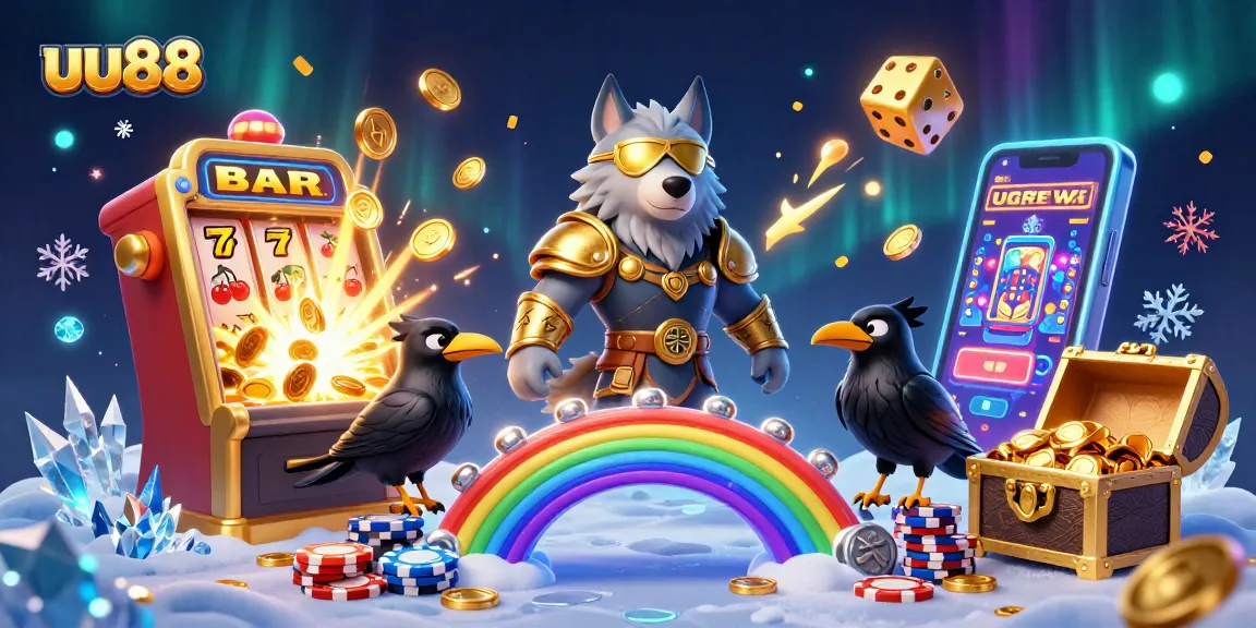 Engage with uu88's spectacular 3D illustration featuring Norse mythology characters and vibrant casino elements.