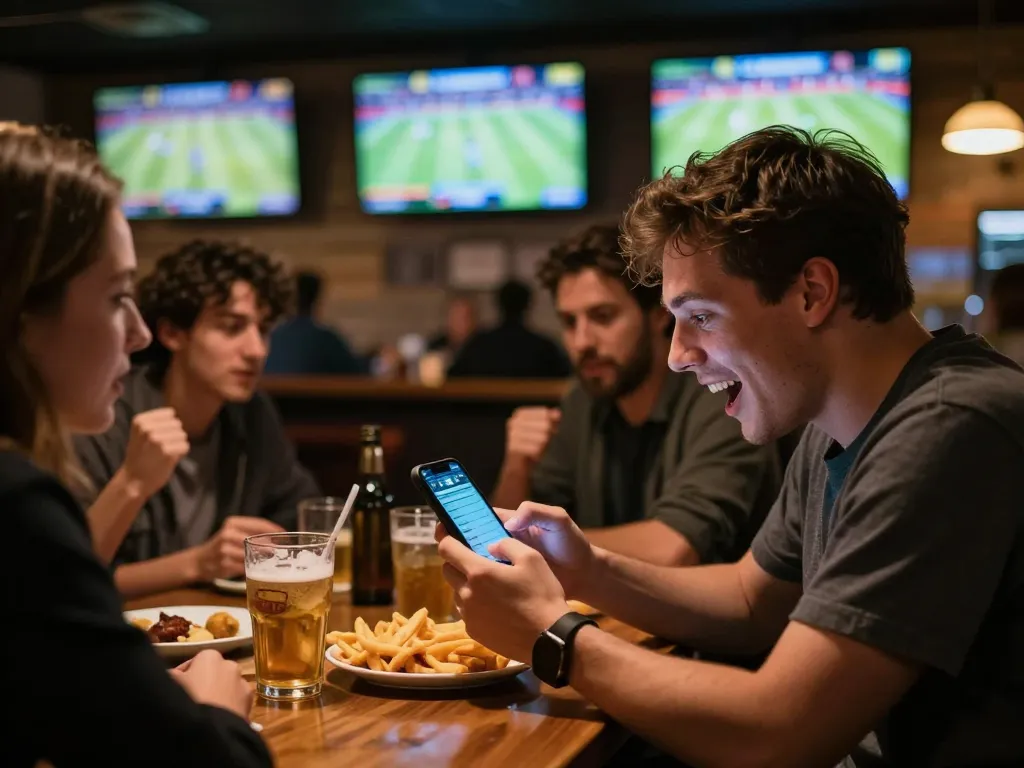 Betting excitement unfolds at 789bet with friends watching games and using apps.