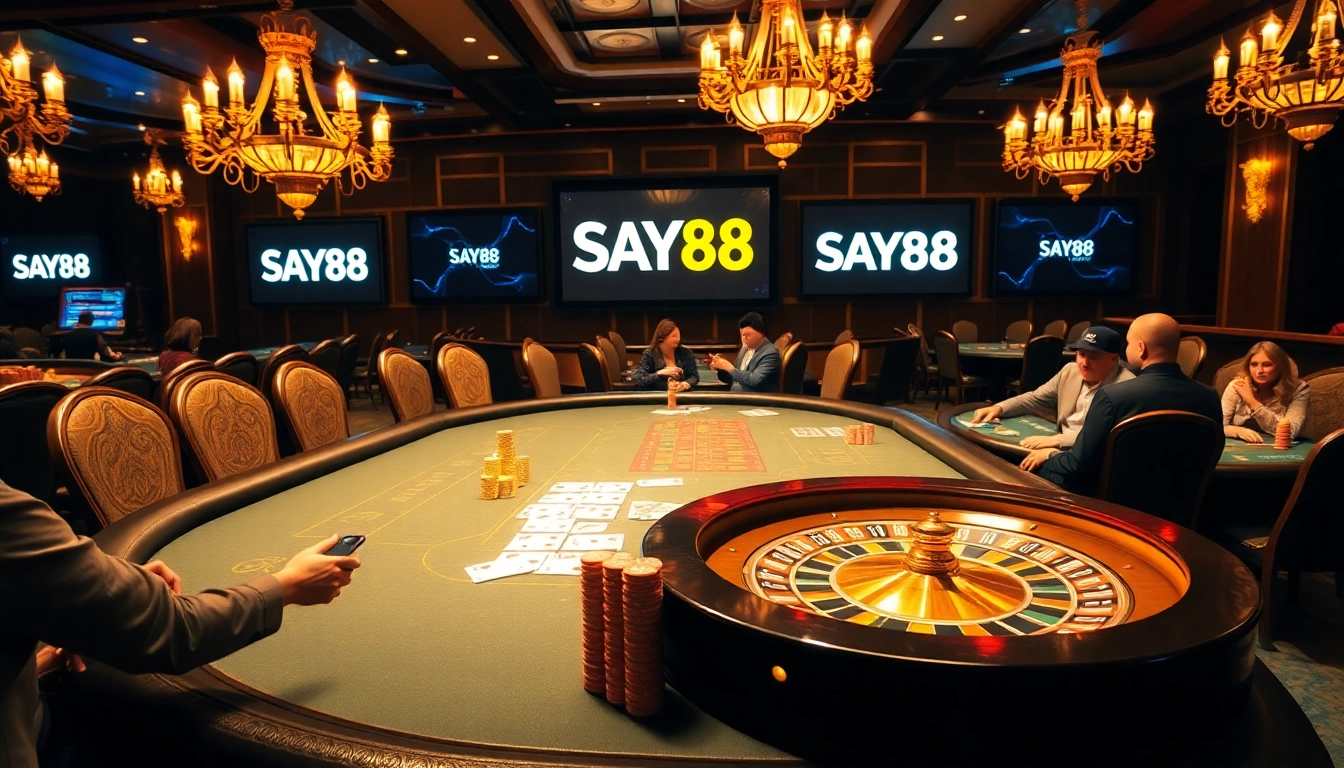 SAY88 showcases a thrilling poker game with vibrant chips and elegant gameplay in a luxurious casino setting.