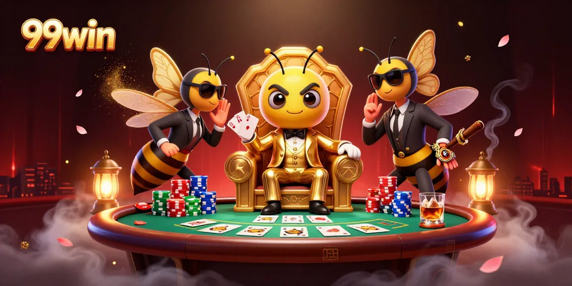 Engage in thrilling poker action with 99win's cartoon bumblebee mob boss and dynamic casino scene.