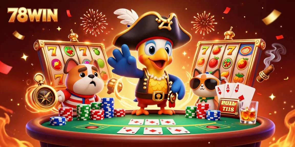 Experience thrilling gameplay at 78WIN with vibrant slot reels, colorful chips, and captivating pirate characters.