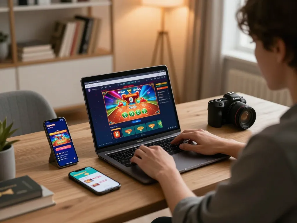 Engaging home gaming scene featuring 99win đăng nhập on laptop and smartphone, depicting a stylish setup for online gambling.