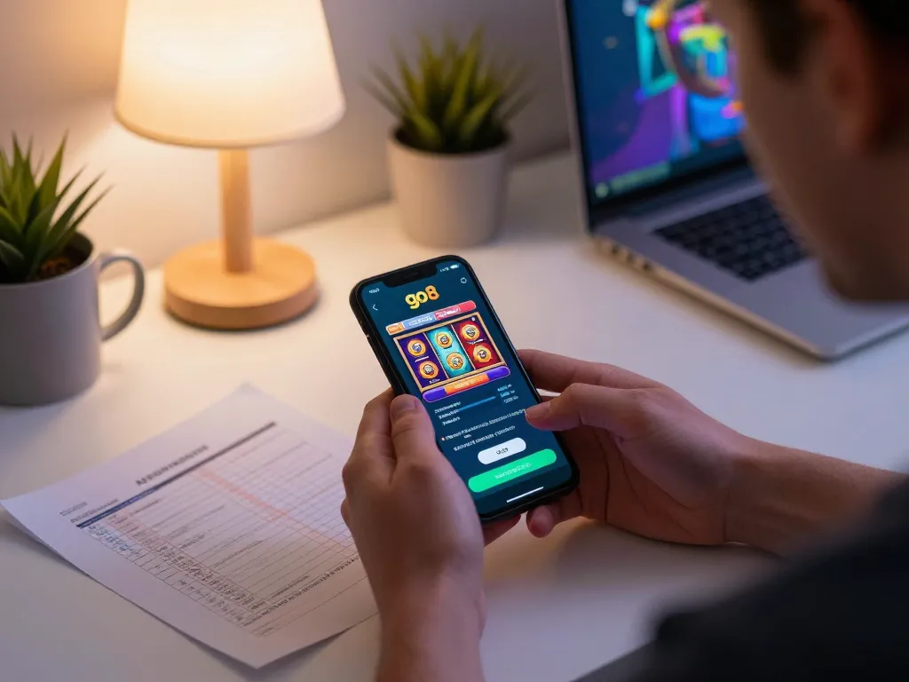 Person enjoying go8 gaming on a smartphone, showing engaging slot machine action in a cozy setting