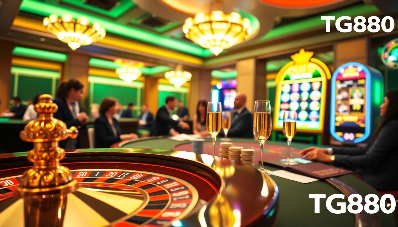 Exciting casino scene depicting TG888 online gambling with roulette and poker chips.