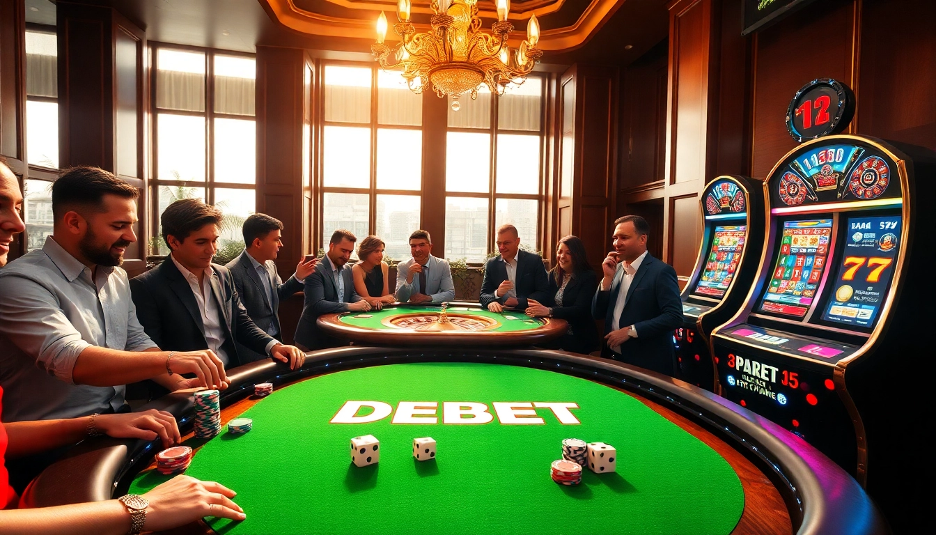 Players enjoying an exciting game of poker at DEBET's vibrant casino table