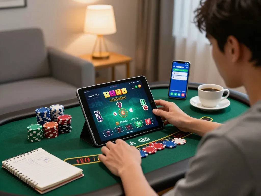 Player focused on blackjack on uu88 com app at home, highlighted by warm ambient lighting.