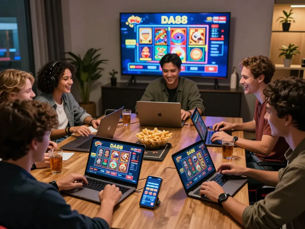 Engaging gaming scene at https://da88.coach/ with friends enjoying online casino games.