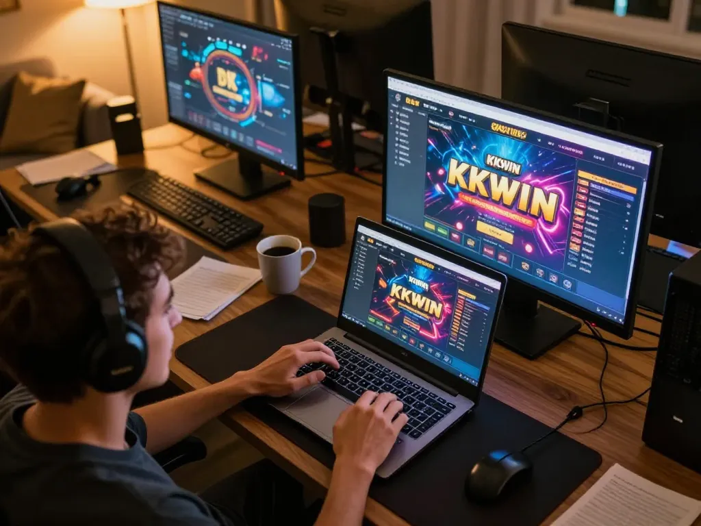 Playing on KKWIN's online casino platform at home, enjoying a strategic gaming session
