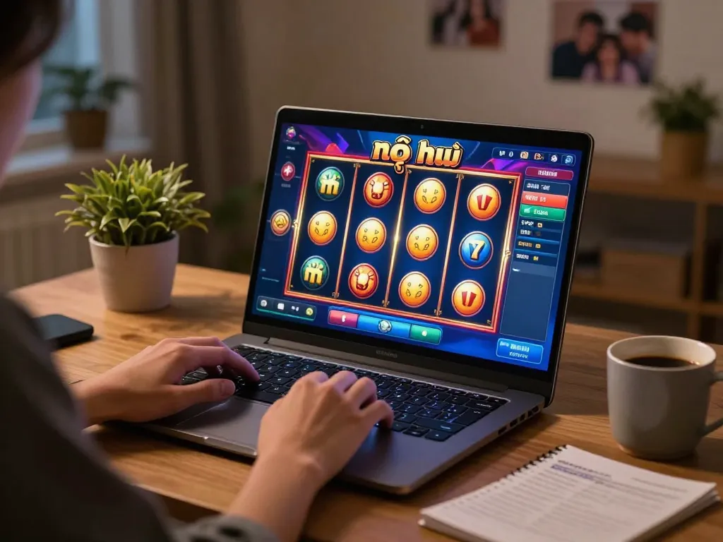 Engaging in nổ hũ online slots with vibrant graphics and cozy atmosphere