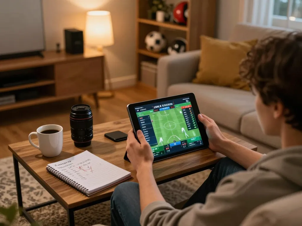 Engaging in nhận định bóng đá while enjoying online betting from a cozy home setup with strategic notes nearby.