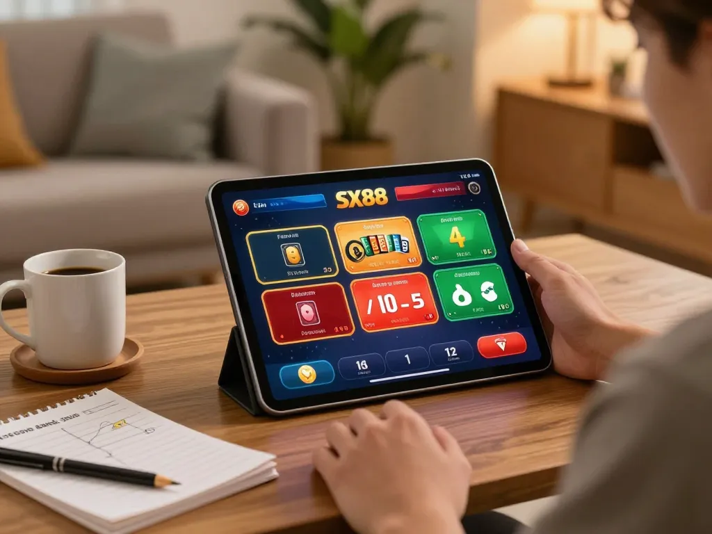 Engaging in online betting on SX88 with a tablet showcasing vibrant casino activities and a cozy atmosphere