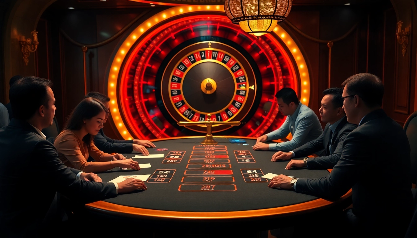 Kèo nhà cái 5 betting odds displayed on an elegant casino poker table with active players.