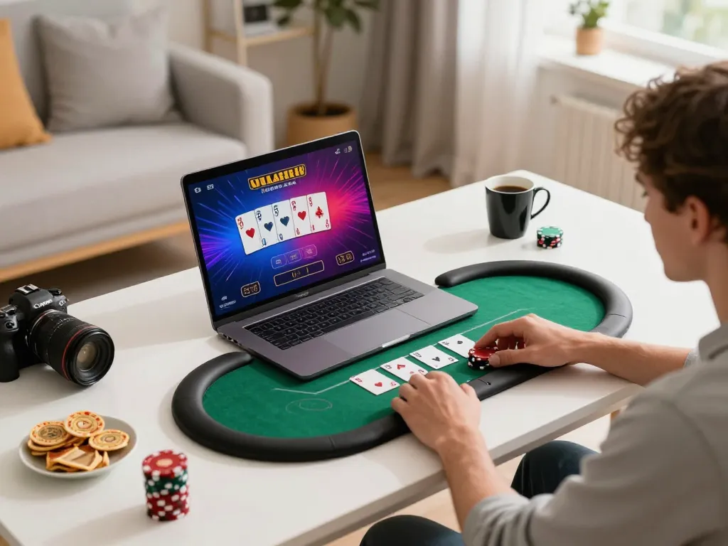 Player engaging in km777 online poker game at a stylish home desk with snacks and drinks