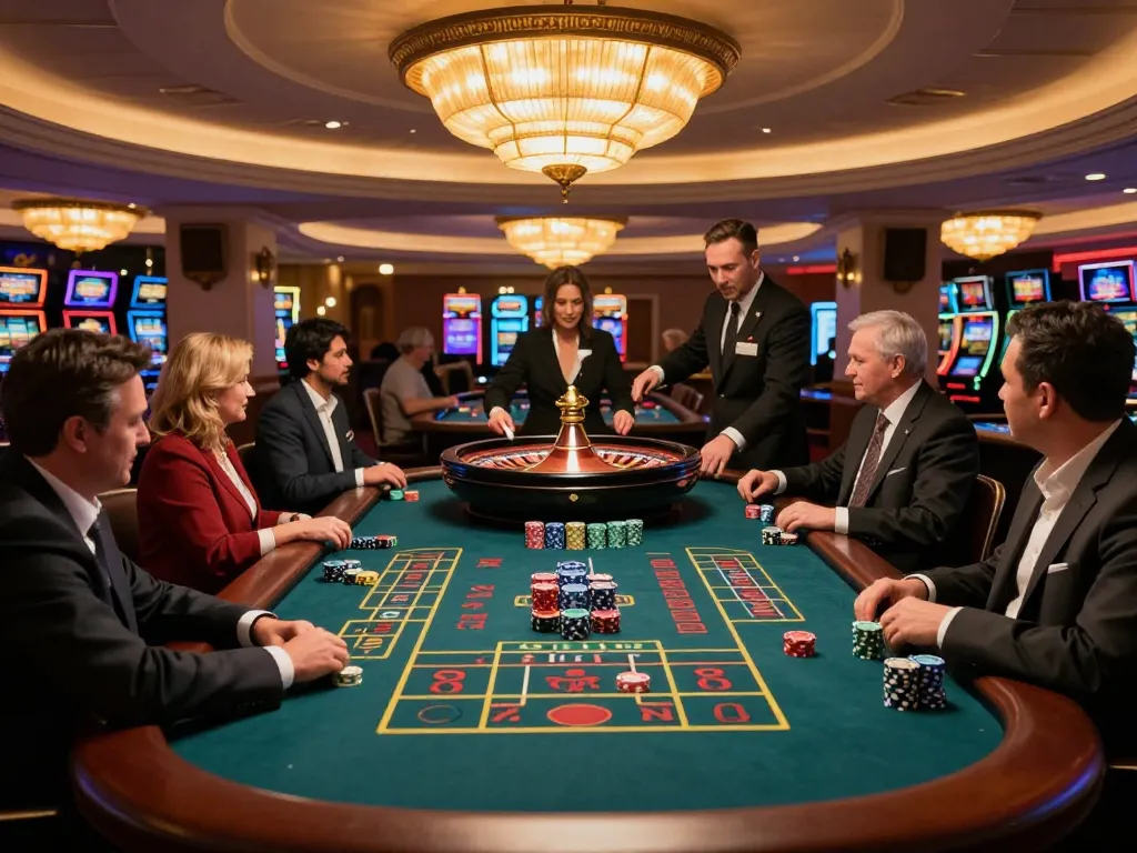 Kèo Nhà Cái 5 roulette game in a vibrant casino atmosphere, players placing bets and excitement in the air